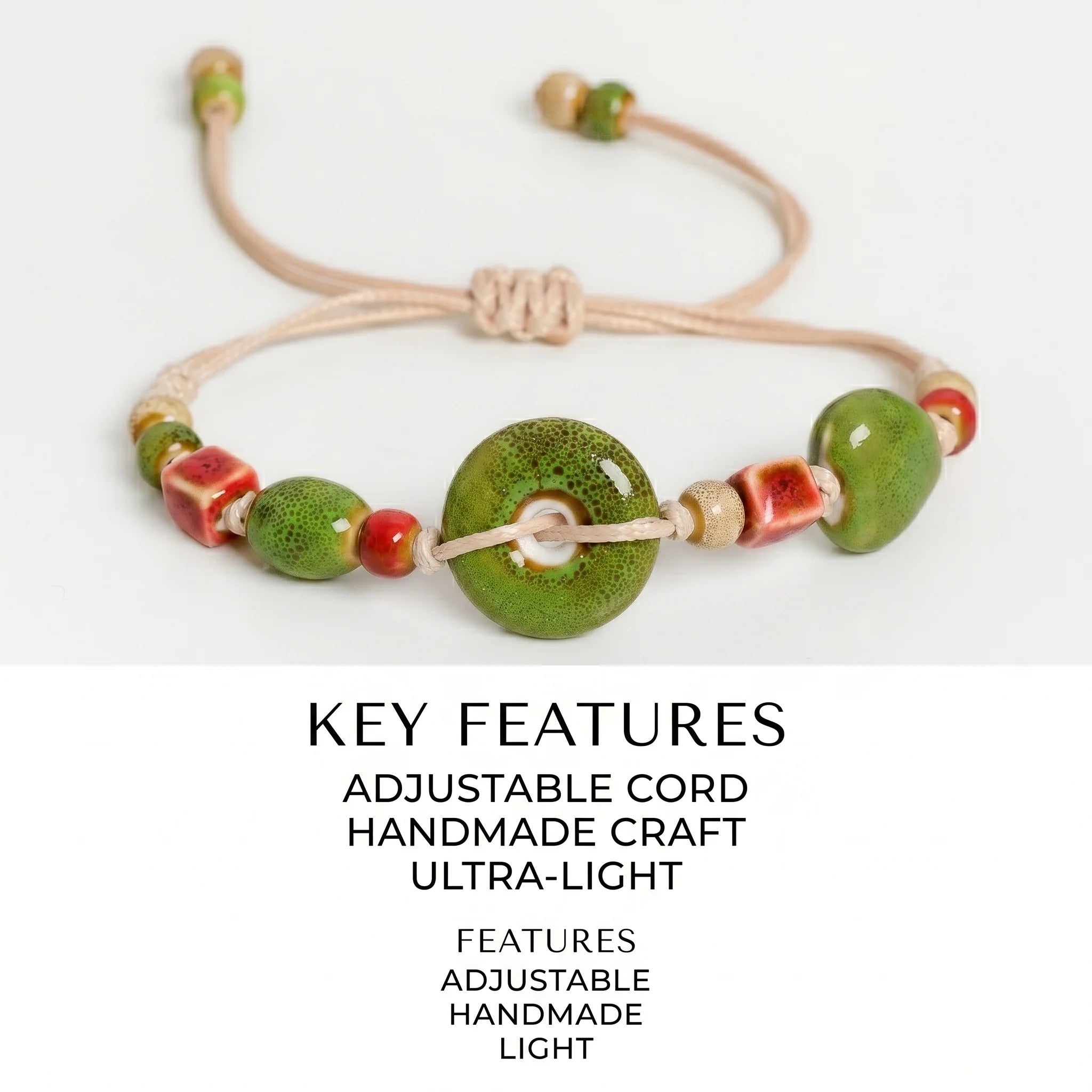 Handmade Ceramic Heart Button Bracelet – Adjustable Braided Cord Boho Jewelry for Women