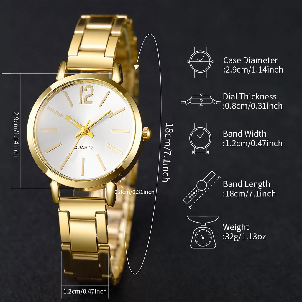 Women's Stainless Steel Quartz Watch & Diamond Jewelry Set – 6PCS Fashion Wristwatch