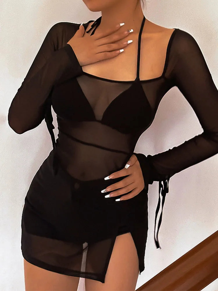 Square Collar Sheer Long Sleeve Mini Dress